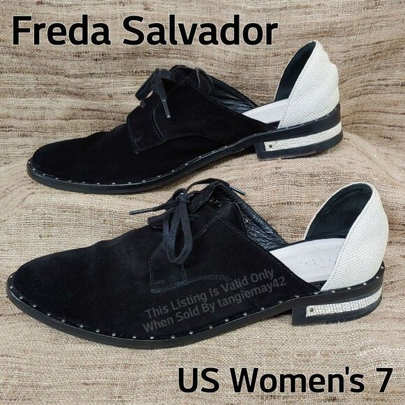 Freda Salvador Wit Black Suede White Pebbled Leather D'Orsay Flats Womens 7 - Picture 1 of 10